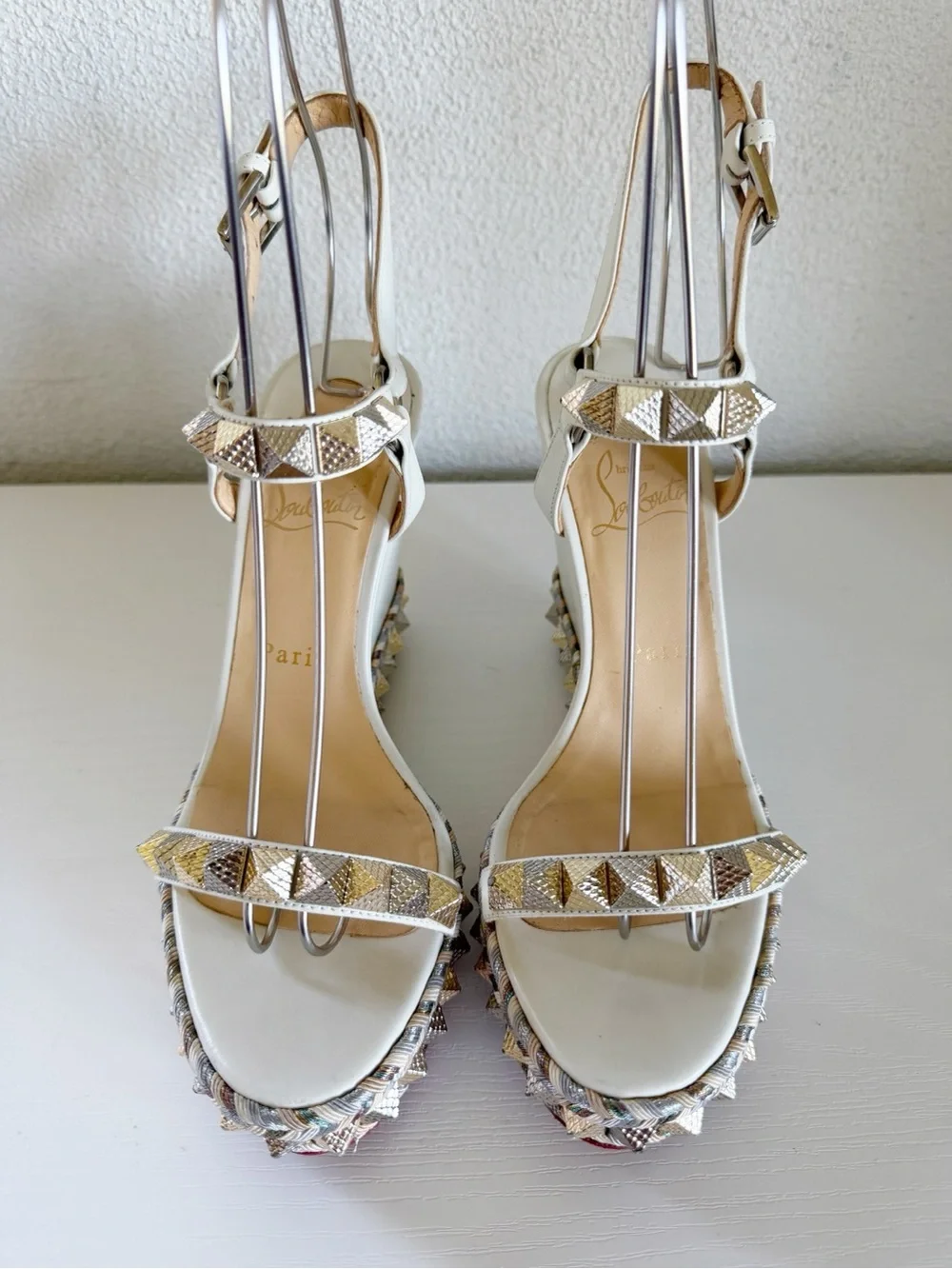 Christian Louboutin Pyraclou Latte White Studded Wedge Sandals Size EU 38
